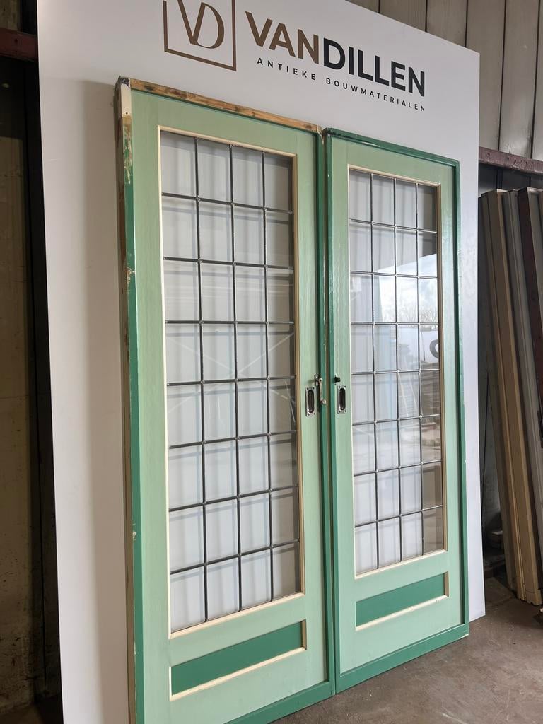 Antieke ensuite/schuifdeuren glas in lood + sluiting, Doe-het-zelf en Verbouw, Deuren en Horren, Gebruikt, 120 cm of meer, Binnendeur