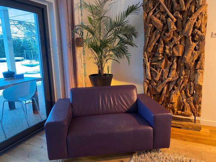 Lederen fauteuil, donkerpaarse love seat, Huis en Inrichting, Fauteuils, Gebruikt, Leer, 125 cm of meer, 75 tot 100 cm, Ophalen
