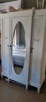 Brocante witte kledingkast met spiegel, Ophalen, Gebruikt, 100 tot 150 cm, 150 tot 200 cm