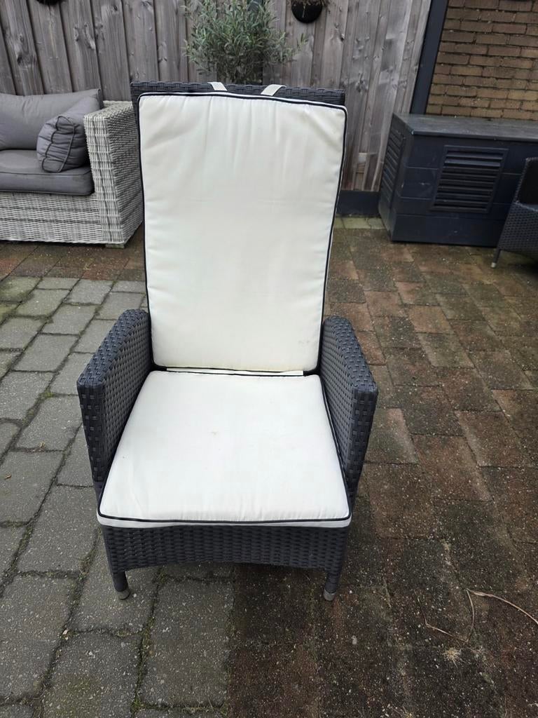 Verstelbare Wicker Tuinstoel met Kussens - Zwart/Wit, Tuin en Terras, Tuinstoelen, Ophalen of Verzenden, Gebruikt, Wicker, Verstelbaar