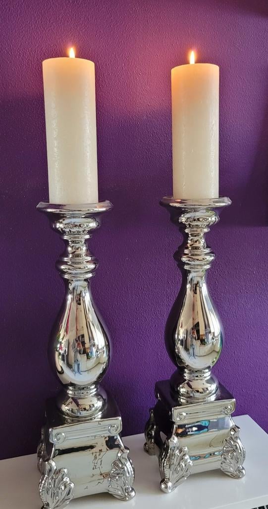 2 Kandelaars Keramiek en 2 Verzilverd, Ophalen of Verzenden, Overige materialen, Minder dan 25 cm