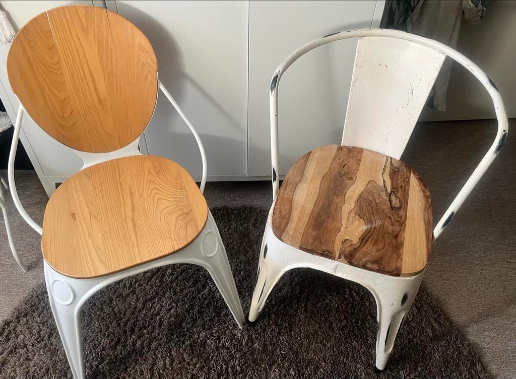 2 stoelen met houten zitting en rugleuning, Ophalen, Gebruikt, Twee, Wit