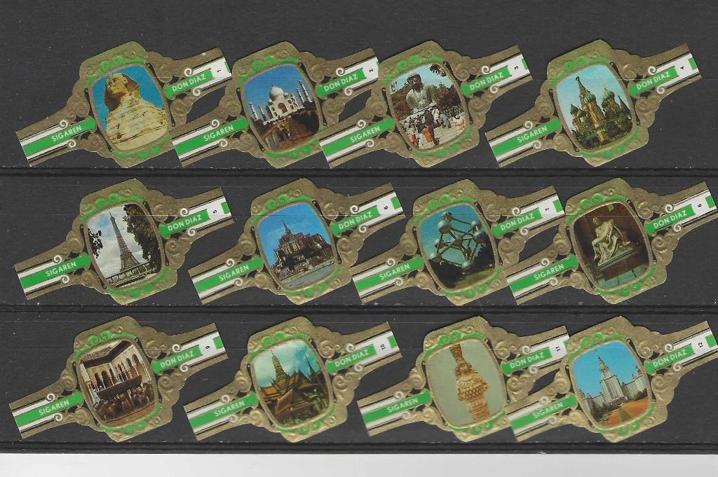 reeks 3069  wereld wonderen  - 1-12   sigarenbanden, Ophalen of Verzenden, Zo goed als nieuw, Sigarenbandjes