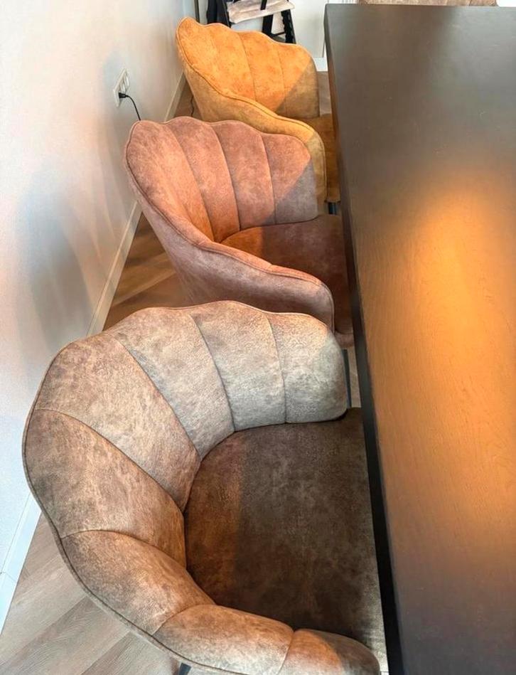 Set van 8 eetkamerstoelen in bruin, groen en okergeel, Huis en Inrichting, Stoelen, Zo goed als nieuw, Vijf, Zes of meer stoelen