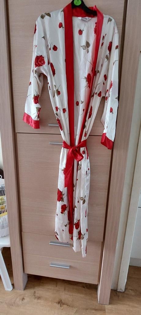 Nachtpak met ochtendjas, rood en wit met rozen, Kleding | Dames, Pyjama's, Ophalen of Verzenden