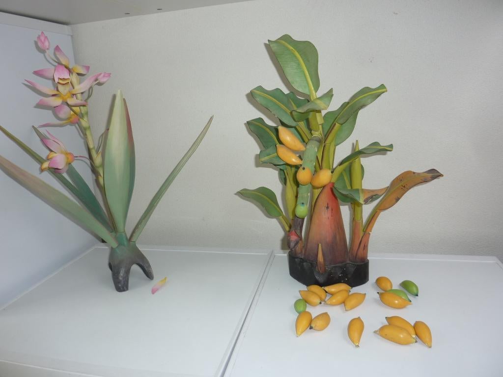 Handgemaakte houten bananenboom en lotusbloem., Antiek en Kunst, Ophalen of Verzenden