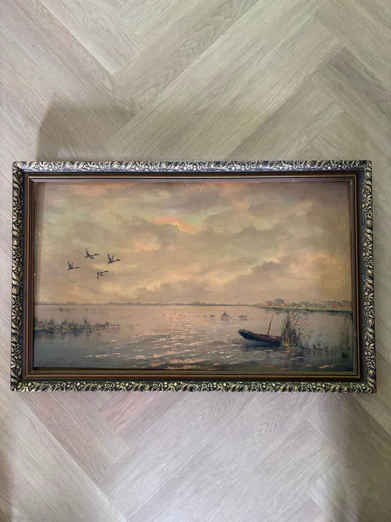 Schilderij Hans Lenteman - Hollands Landschap met Water en V, Antiek en Kunst, Kunst | Schilderijen | Klassiek, Ophalen