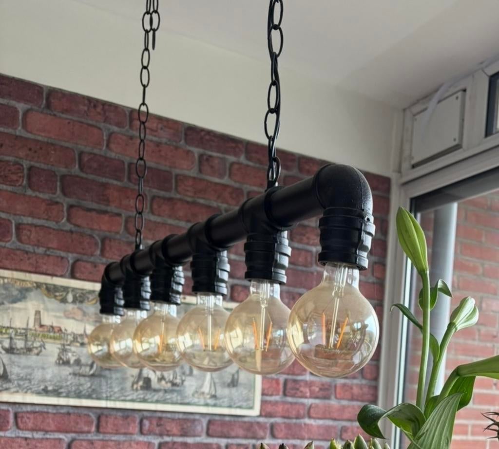 Industriële hanglamp met 6 bollen - Zwart staal, Ophalen, Gebruikt, Metaal, Minder dan 50 cm