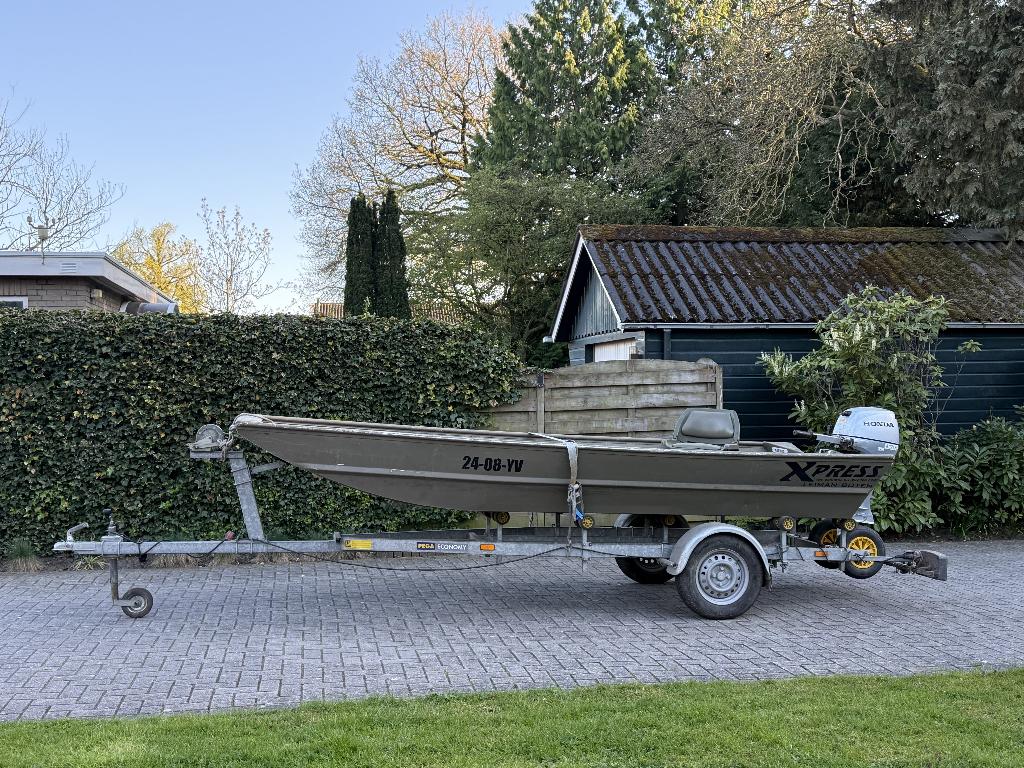 Aluminium Xpress boot met Pega trailer Honda 8 PK motor, Watersport en Boten, Ophalen, Gebruikt, Tot 10 pk, Aluminium