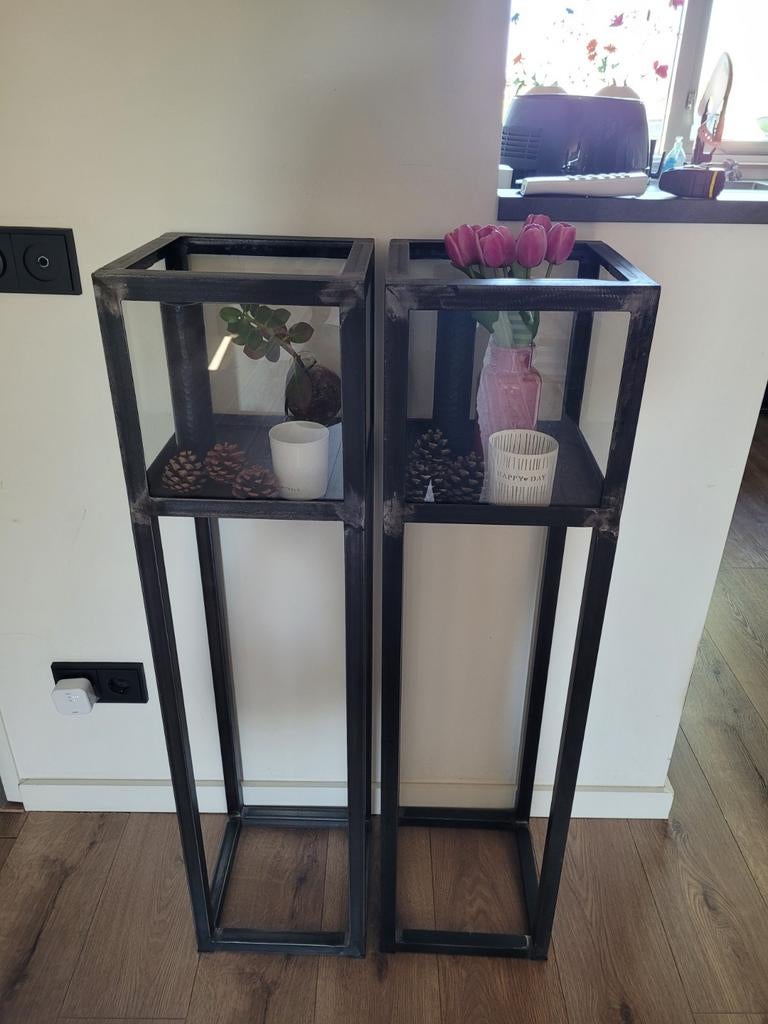 Set van 2 stijlvolle windlichten op voet - Metaal & Glas, Ophalen, Grijs, Zo goed als nieuw, Kandelaar