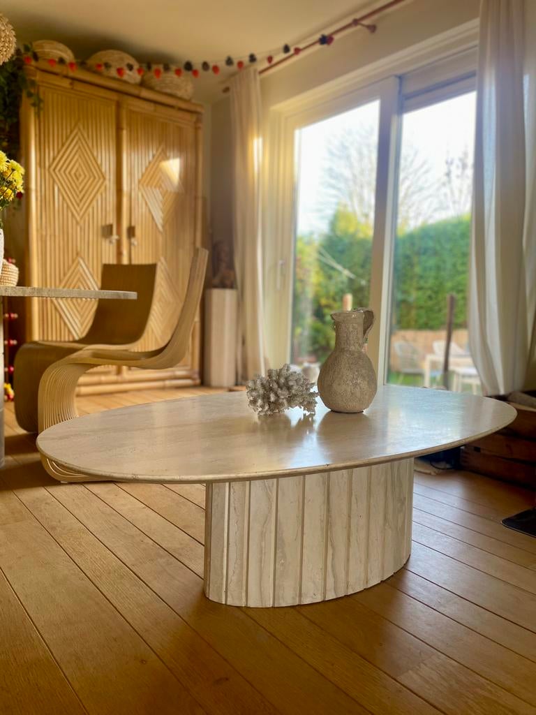 Prachtige travertin salontafel ovaal Italiaans design, 100 tot 150 cm, Zo goed als nieuw, Minder dan 50 cm, Ovaal