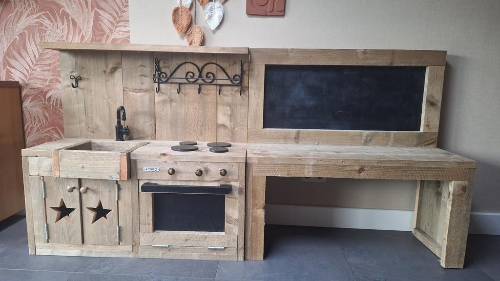 Steigerhouten Speelkeuken en krijtbord 'Jorg' - Handgemaakt, Ophalen, Zo goed als nieuw, Hout, Speelkeuken