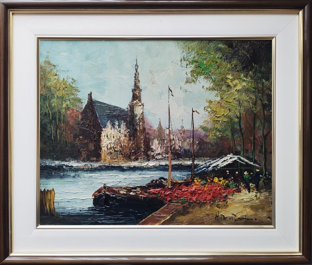 H. de Bruin - Stadsgezicht Amsterdam, Antiek en Kunst, Kunst | Schilderijen | Klassiek, Ophalen of Verzenden