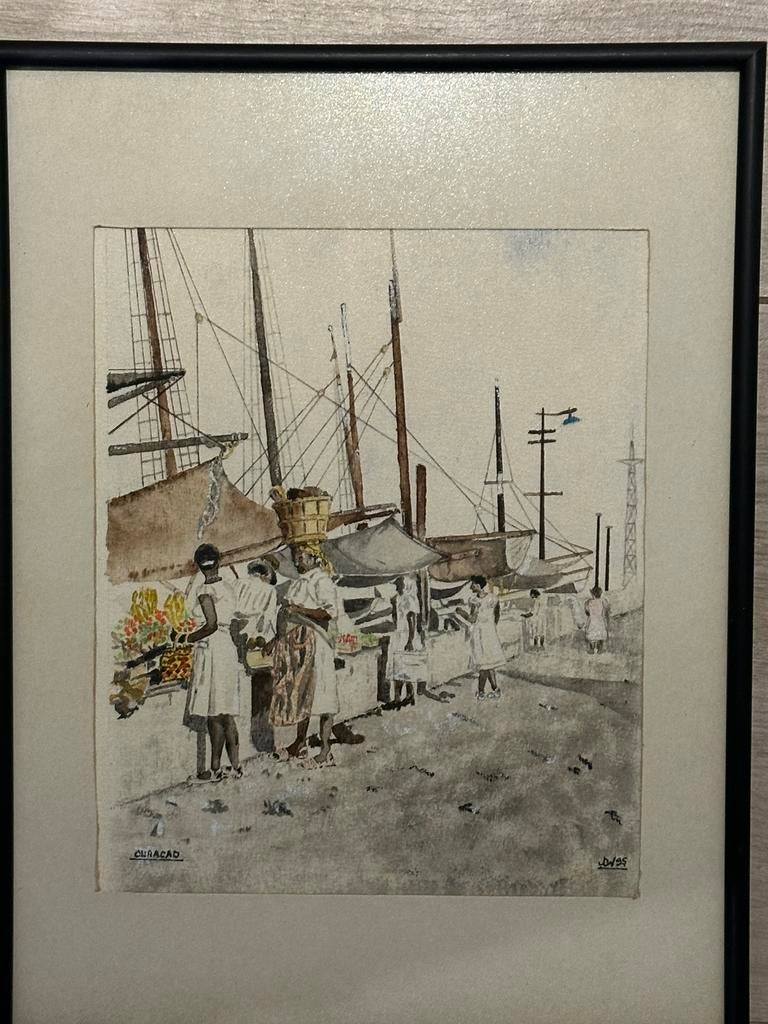 Aquarel schilderij Ruiterkade Curacao 30/40 cm, Ophalen of Verzenden