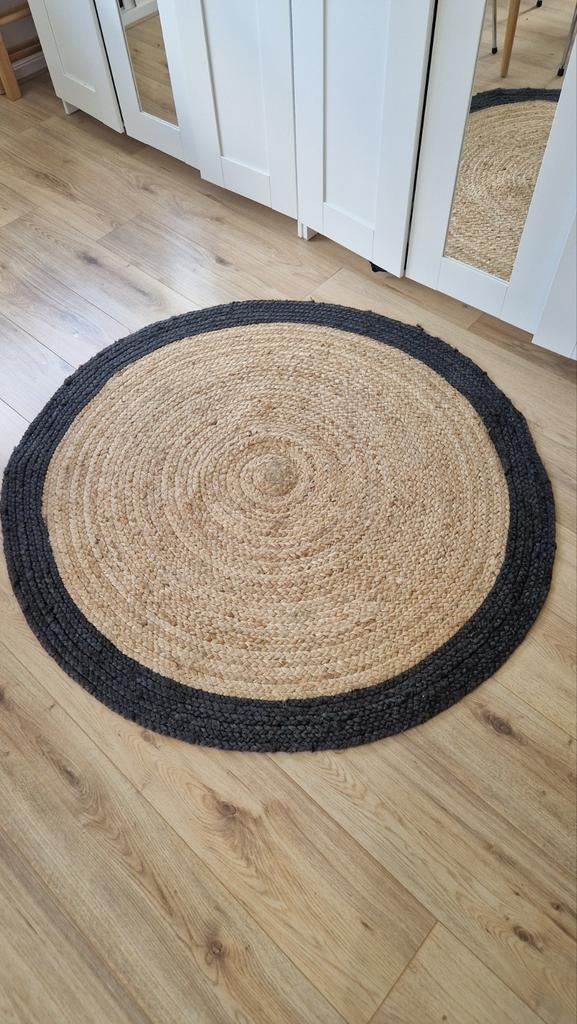 Rond Juten Kleedje met Zwarte Rand, Huis en Inrichting, Stoffering | Tapijten en Kleden, 50 tot 100 cm, Beige, Rond, Zo goed als nieuw