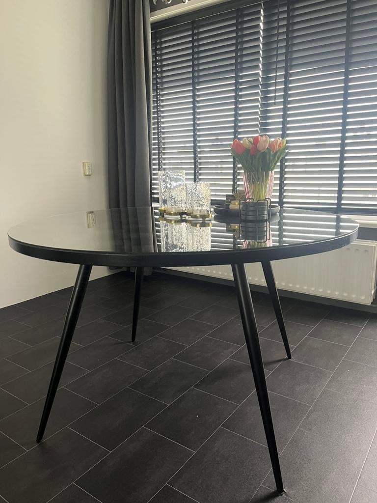 Eettafel zwart teakhout, met stoelen, Huis en Inrichting, Tafels | Eettafels, Gebruikt, 100 tot 150 cm, Vier personen, Rond, Glas