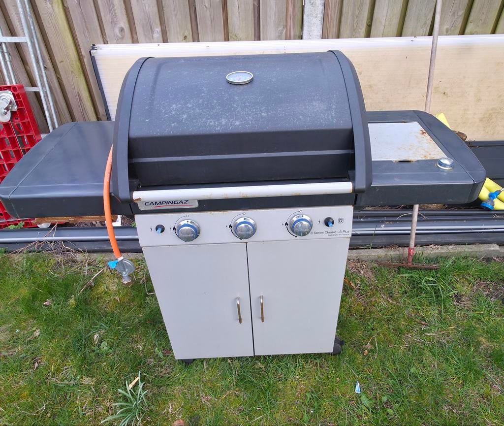 Campingaz 3 Series gas BBQ + kookpit + bakplaat + gasfles, Tuin en Terras, Ophalen, Gebruikt, Campingaz