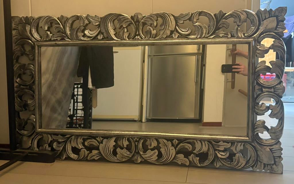 Grote zilveren spiegel, Ophalen, Zo goed als nieuw, 75 tot 100 cm, Minder dan 100 cm