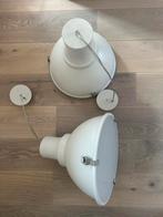 2 Industriële hanglampen met melkglas diffuser, Huis en Inrichting, Lampen | Hanglampen, Ophalen of Verzenden, Gebruikt, Glas