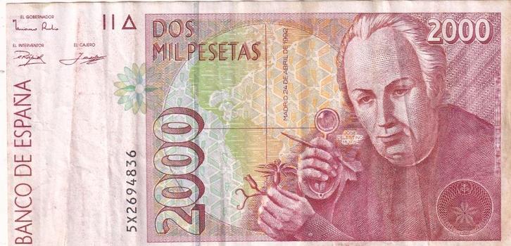 Spanje 2000 pesetas 24-4-1992, Postzegels en Munten, Bankbiljetten | Europa | Niet-Eurobiljetten, Los biljet, Overige landen, Verzenden