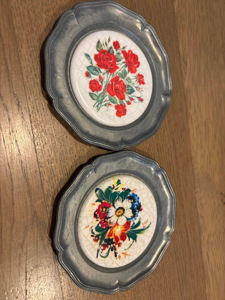 Brocante tinnen onderzetters met romantisch bloemmotief, Ophalen of Verzenden