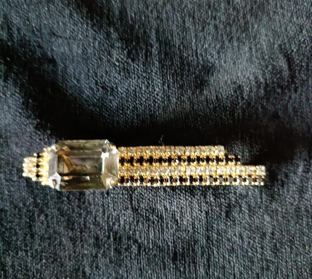 Gouden double broche met zwart en zilveren strassstenen, Overige materialen, 4 tot 7 cm, Gebruikt, Ophalen of Verzenden