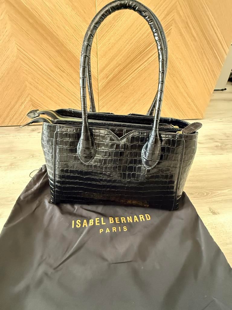 Honoré Cloe Midi Croco Zwarte Leren Handtas, Ophalen of Verzenden, Zo goed als nieuw, Zwart, Handtas