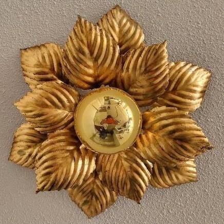 Masca plafondlamp goud bladeren Italië vintage, Huis en Inrichting, Ophalen of Verzenden, Zo goed als nieuw, Metaal, Mid century Hollywood Regency Florentijns vintage goud barok