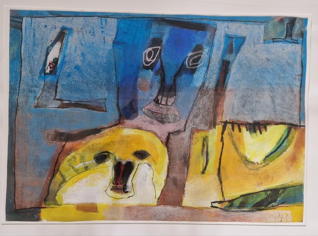 Orgineel abstract werk van Geert Vrijdag -acryl en krijt, Antiek en Kunst, Kunst | Schilderijen | Modern, Ophalen