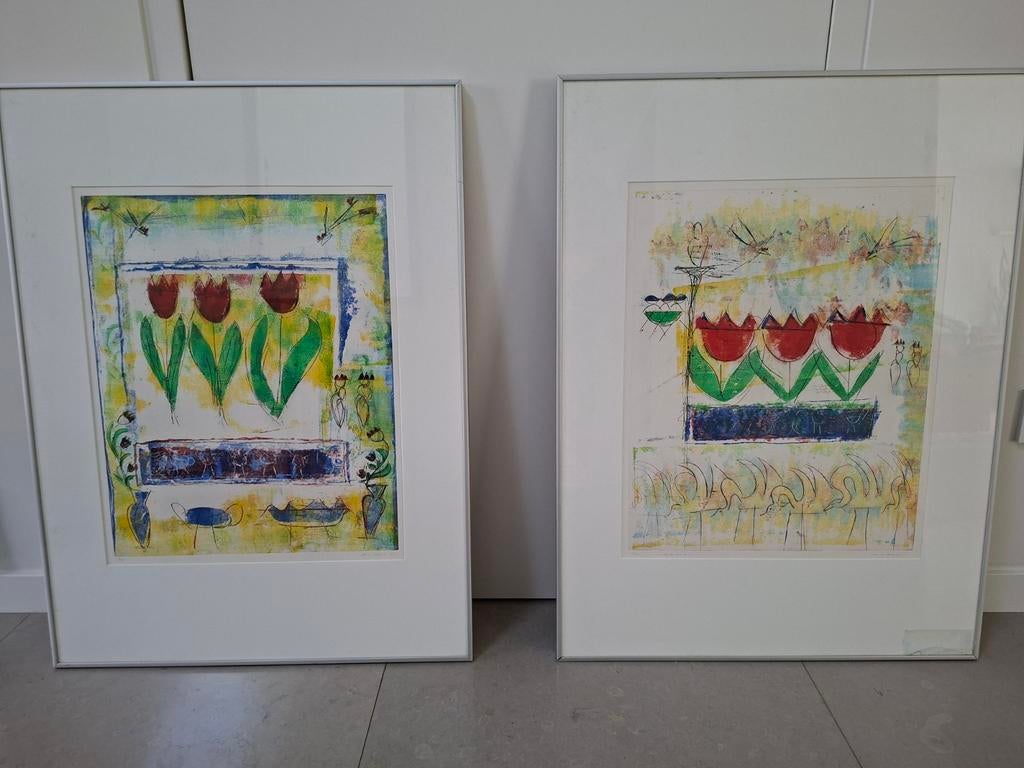 Set van 2 ingelijste kunstwerken met tulpenmotief, Antiek en Kunst, Kunst | Litho's en Zeefdrukken, Ophalen of Verzenden