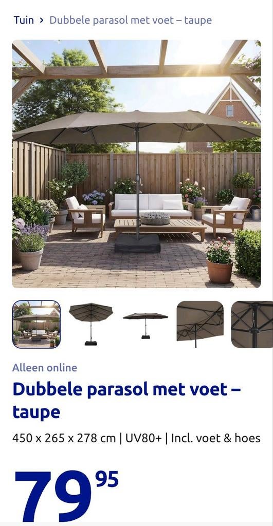 Nieuwe dubbele parasol met voet - taupe, Tuin en Terras, Parasols, Ophalen, Nieuw, Meer dan 4 meter, Overige typen