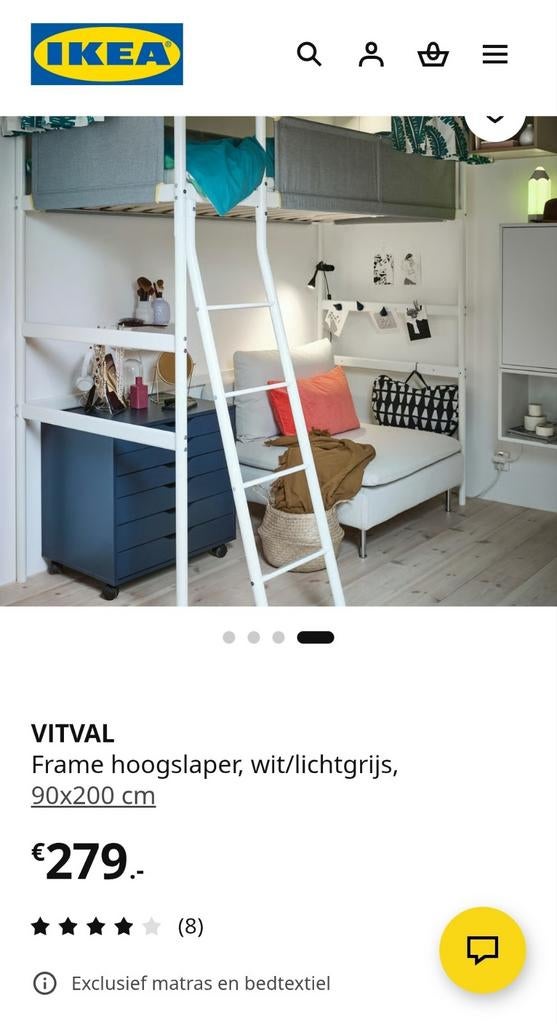 IKEA VITVAL hoogslaper 90x200 wit/lichtgrijs, Ophalen, Gebruikt, 90 cm, Eenpersoons