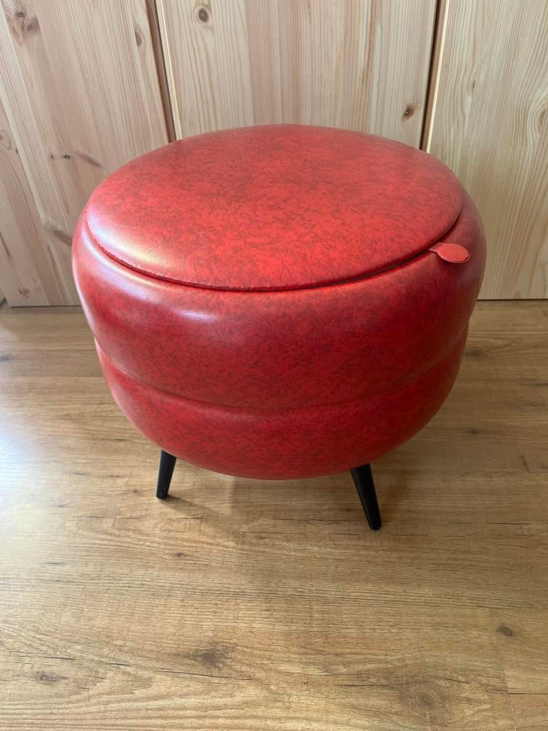 Vintage skai naai poef, Ophalen, Zo goed als nieuw, Rond, Minder dan 50 cm