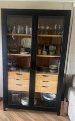 Vitrine kast zwart met eiken, Huis en Inrichting, Kasten | Vitrinekasten, Ophalen, Gebruikt, Eikenhout, 50 tot 100 cm