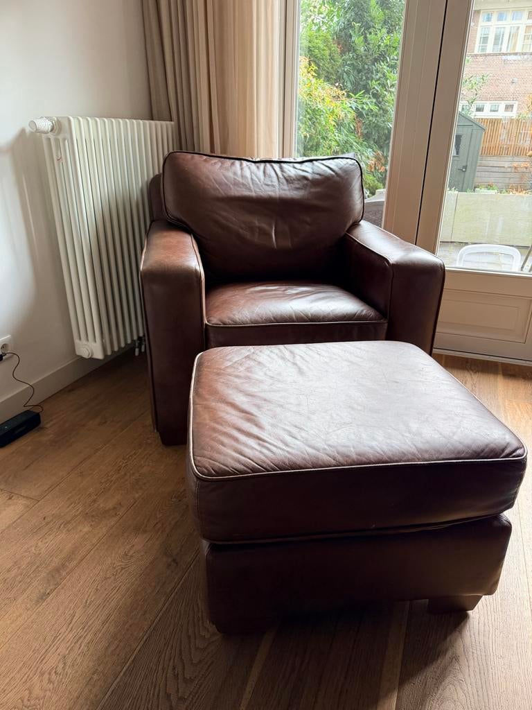 Leren fauteuil met voetenbank, Huis en Inrichting, Fauteuils, Ophalen, Zo goed als nieuw, Leer, 75 tot 100 cm