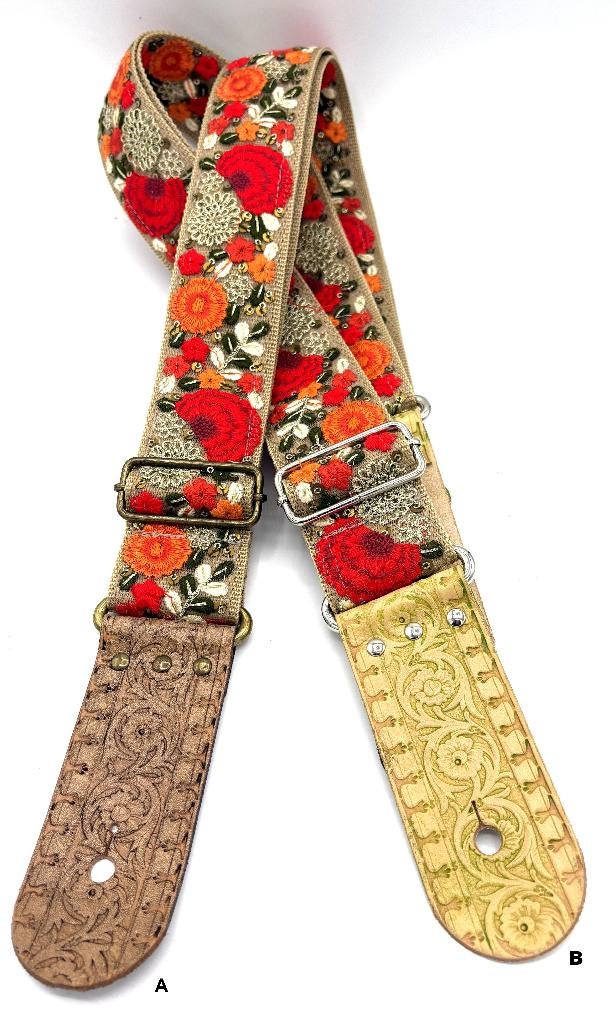 Gitaarband leer Stof036 rode zijden bloemen barok bohemian, Verzenden, Nieuw, Akoestische gitaar