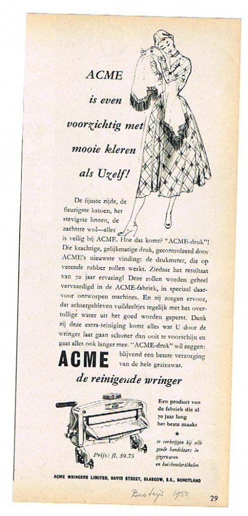 Acme Wringer - advertentie uit Tijdschrift 1950, Ophalen of Verzenden, 1940 tot 1960, Knipsel(s)