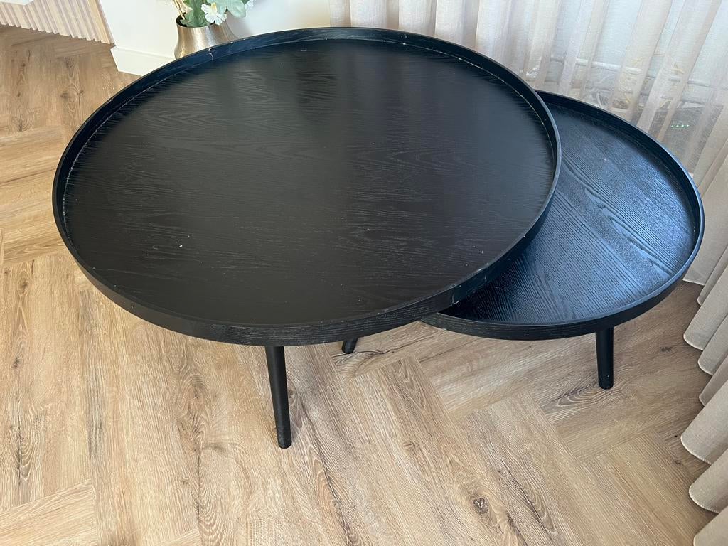 WOOOD Mesa houten Bijzettafels 2x salontafels zwart, Huis en Inrichting, Tafels | Salontafels, Ophalen, 50 tot 100 cm, Rond, Zo goed als nieuw