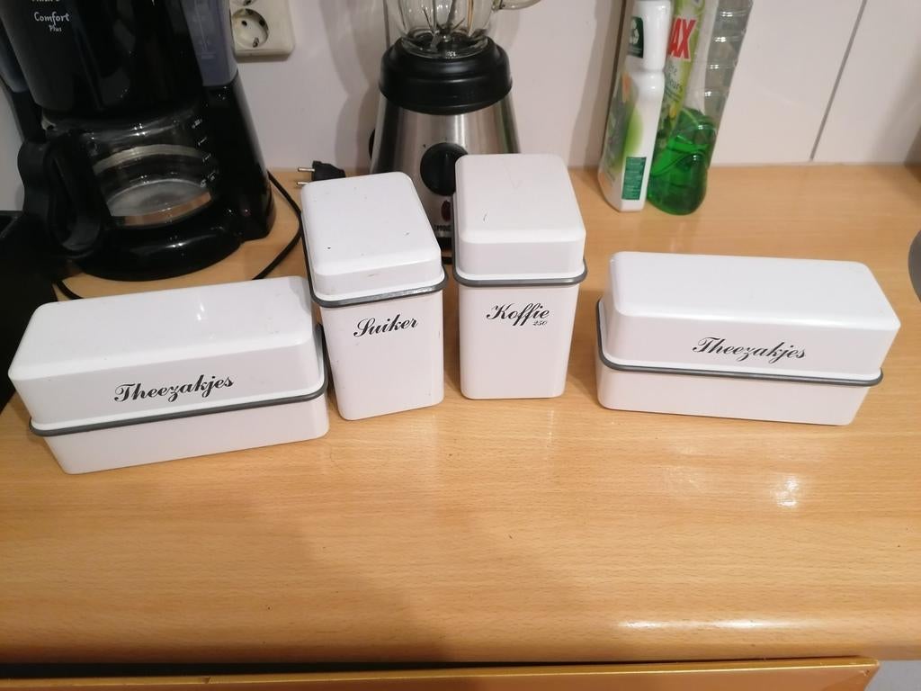 Vintage voorraadpotten: Koffie, Suiker, Theezakjes, Gebruikt, Kunststof, Ophalen of Verzenden, Voorraadpot