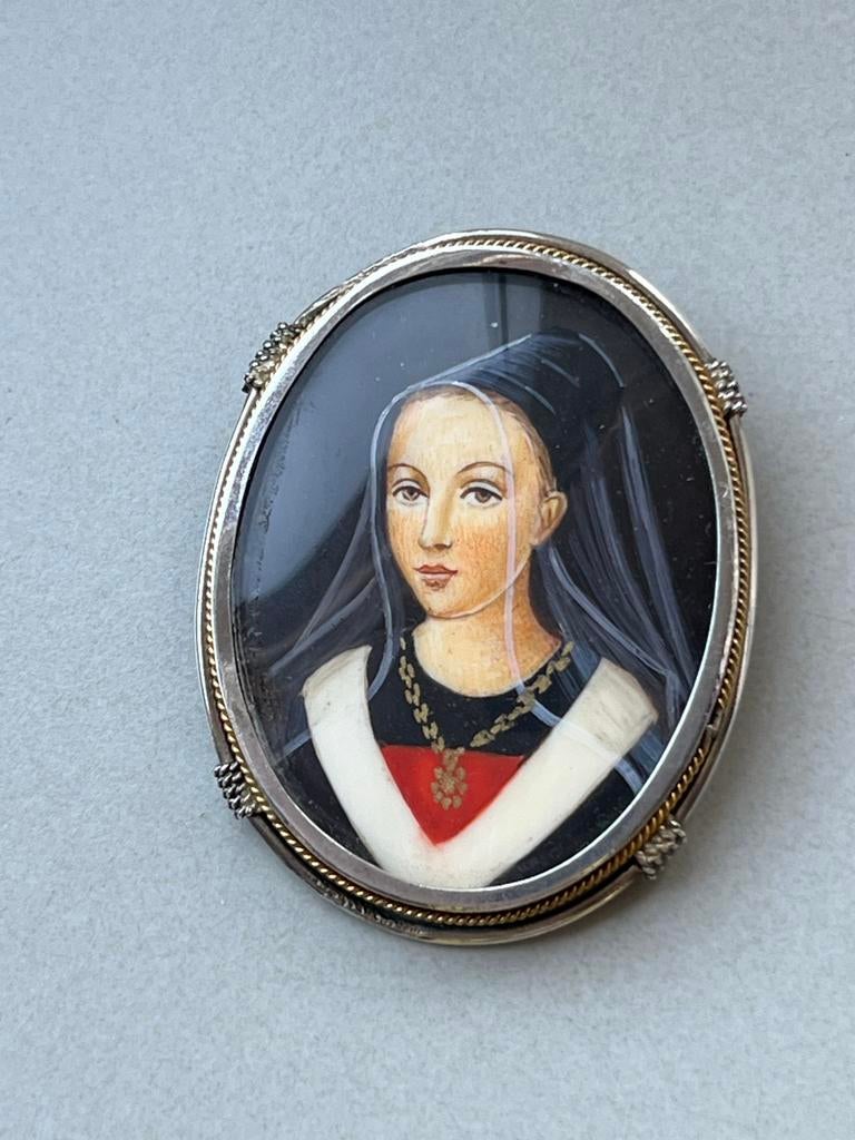 Zilveren hanger / broche met handgeschilderd portret, Antiek en Kunst, Verzenden, Zilver