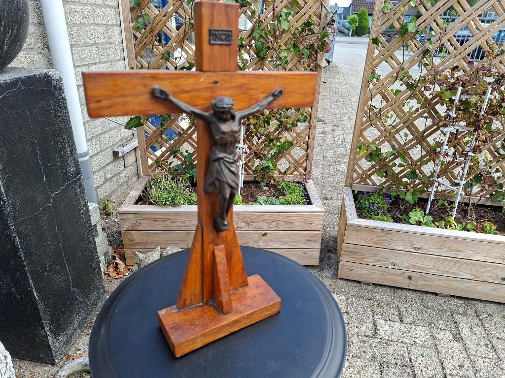antiek houten altaar kruis met bronsen christus, Antiek en Kunst, Antiek | Religie, Ophalen of Verzenden