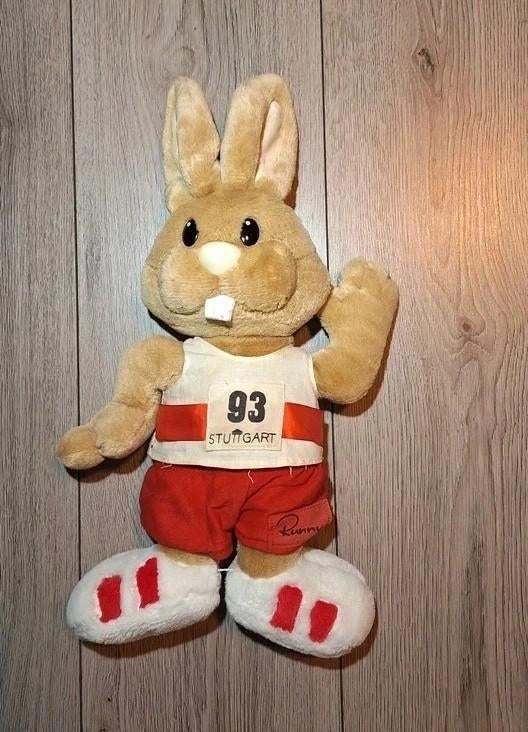 WK atletiek 1993 Runny mascotte knuffel 45 cm vintage, Gebruikt, Overige merken, Overige karakters, Konijn