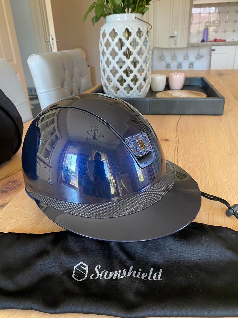 Shamschield miss polo rijcap blauw zgan !, Dieren en Toebehoren, Paardrijkleding, Ophalen, Zo goed als nieuw, Cap, Kinderen