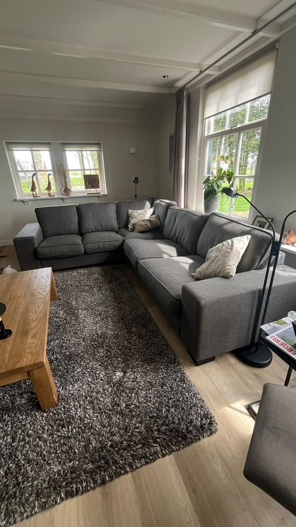 Mooie ruime hoekbank taupe – moderne stof – 250x320 cm, Ophalen, 250 tot 300 cm, Gebruikt, Hoekbank