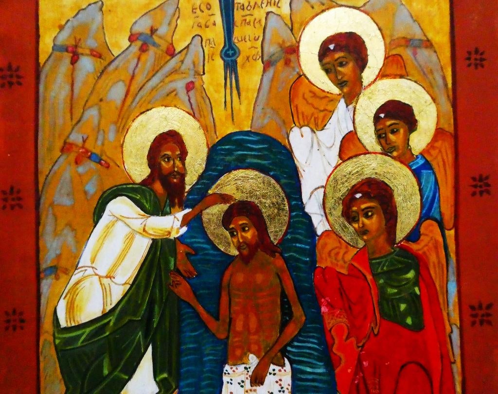 Handgeschilderd icoon De Doop van Jezus Christus, Antiek en Kunst, Antiek | Religie, Ophalen of Verzenden