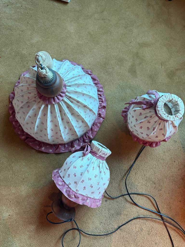 Set vintage hanglamp + 2 tafellampjes stof, Ophalen of Verzenden, Gebruikt