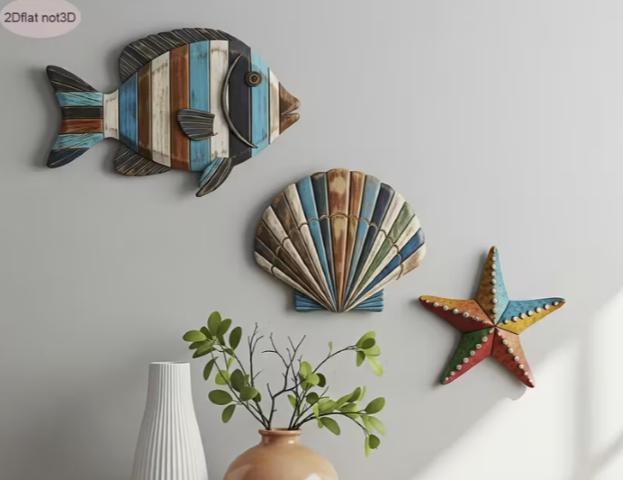Muurdecoratie Vis, Schelpen en Zeester hout, Huis en Inrichting, Woonaccessoires | Wanddecoraties, Hout, Meerkleurig, Ophalen of Verzenden