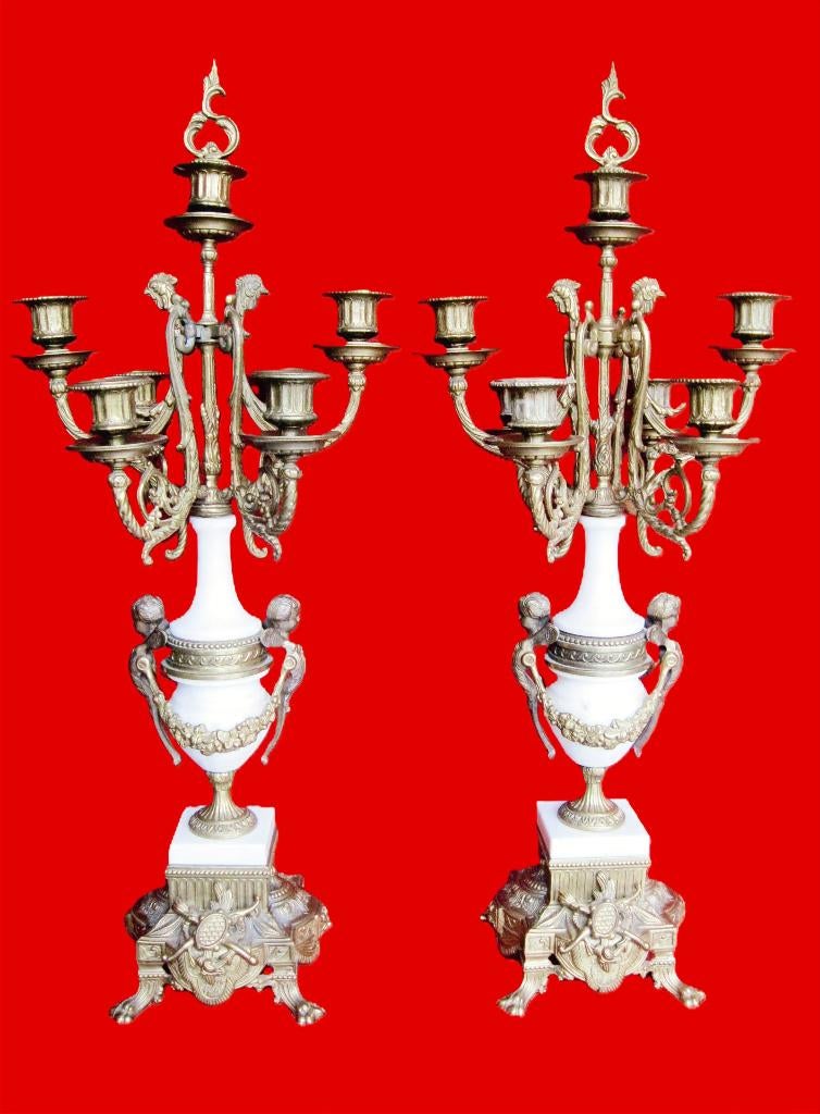 Vintage kandelaars in witte marmer en brons., Ophalen, Koper of Brons