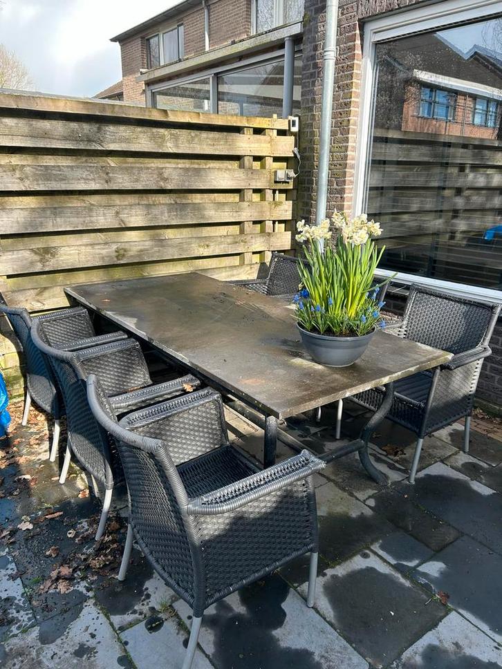 Tuinset met granieten tafelblad en 6 wicker stoelen, Tuin en Terras, Tuinsets en Loungesets, Gebruikt, Tuinset, Wicker, 6 zitplaatsen