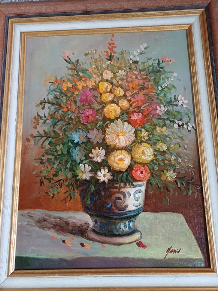 Frans Brocante Stilleven Schilderij stilleven boeket vaas, Antiek en Kunst, Curiosa en Brocante, Ophalen of Verzenden